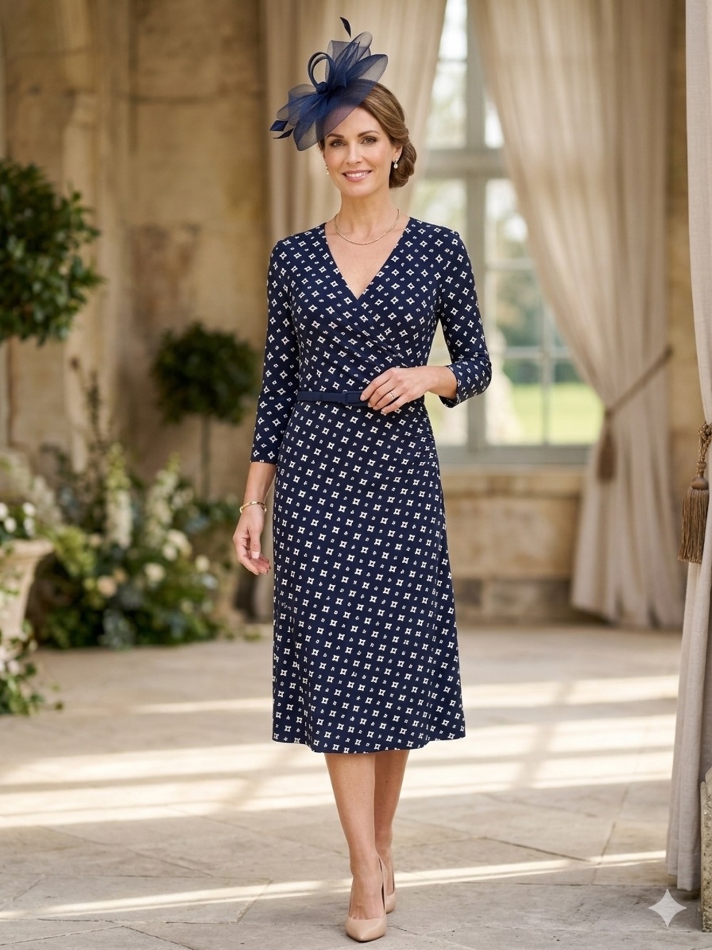 Ralph Lauren navy and white geometric faux wrap dress with 3/4 sleeves and belt